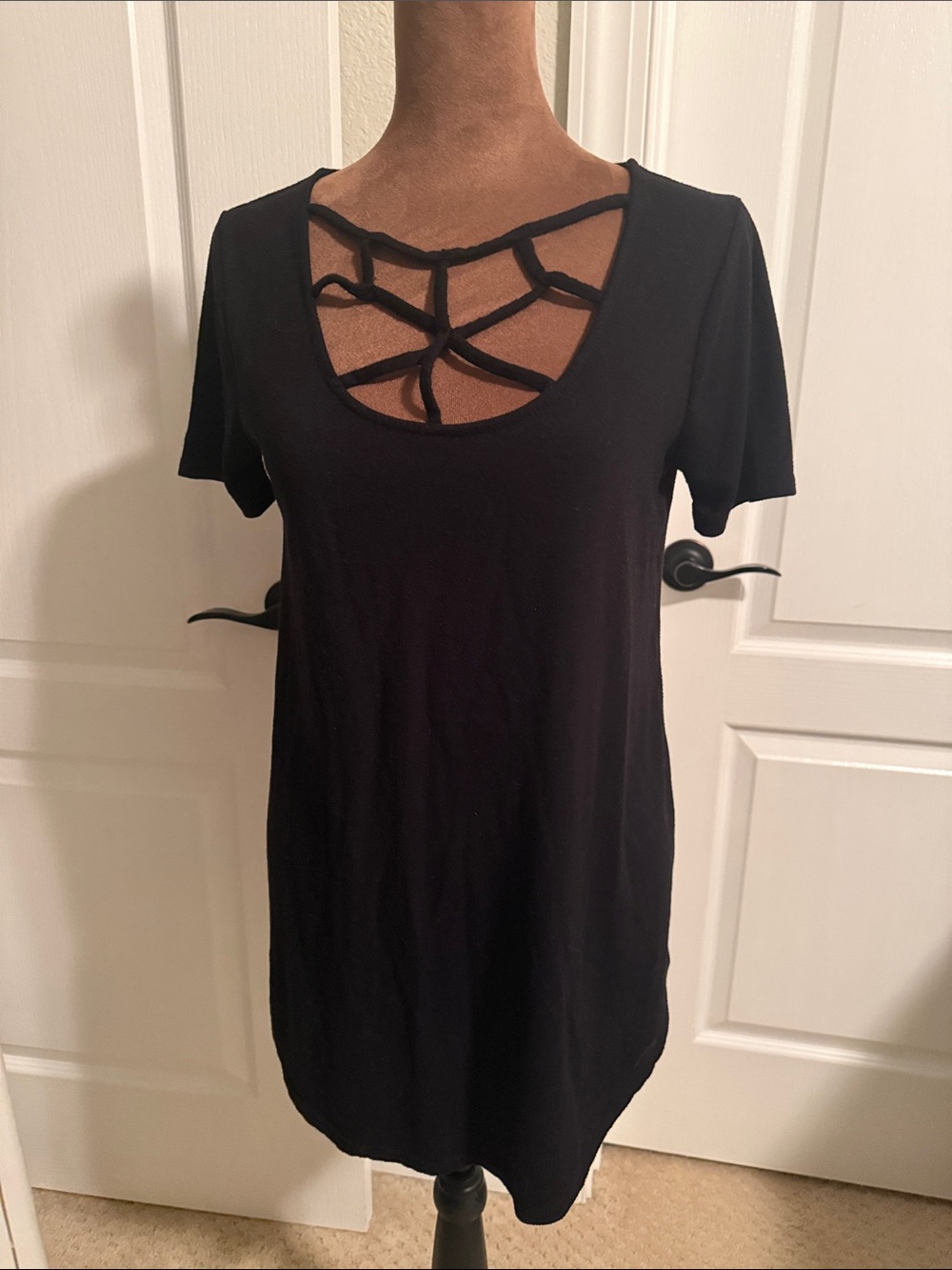 Black Short Sleeve with Strappy Cage Neckline